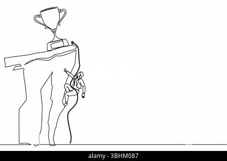 Eine einzige Linie zeichnet den Kletterer, der an einem Seil hängt und sich auf die felsige Bergwand zieht, um die Trophäe zu erreichen. Extreme Geschäftsfrau klettert auf C Stock Vektor