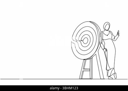 Kontinuierliche Einzeichenzeichnung glückliche arabische Geschäftsfrau oder Manager steht oder lehnt das Ziel mit Daumen nach oben. Pfeil traf genau das Ziel. Sünde Stock Vektor