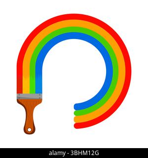 Gemalte Regenbogenpinsel-Kontur Vektor-Illustration. Diese lebendige Illustration zeigt einen realistischen Holzpinsel, der einen perfekten Regenbogenbogen erzeugt. Stock Vektor