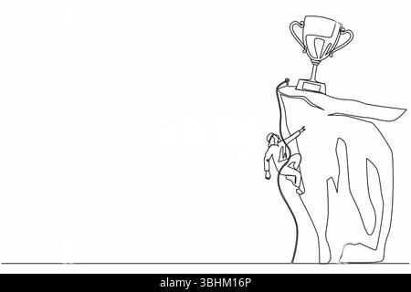 Eine einzige Linie zeichnet den Kletterer, der an einem Seil hängt und sich auf die felsige Bergwand zieht, um die Trophäe zu erreichen. Extremer arabischer Geschäftsmann klettert Stock Vektor