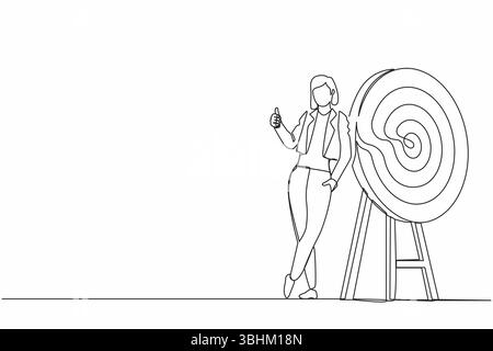 Durchgehende einzeilige Zeichnung glückliche Geschäftsfrau oder Managerin steht oder lehnt das Ziel mit Daumen nach oben. Pfeil traf genau das Ziel. Sünde Stock Vektor