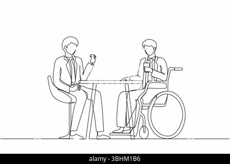 Einzelne Zeichnerinnen verbringen Zeit miteinander. Zwei Geschäftsleute reden bei Geschäftstreffen. Kollegen haben eine Kaffeepause. Behindertengerechte Männer trinken Kaffee Stock Vektor