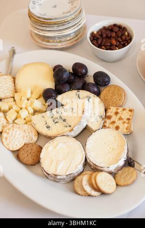 Verschiedene Käsesorten, Cracker und frisches Obst sind wunderschön auf einer Platte für eine angenehme Zusammenkunft angeordnet. Stockfoto