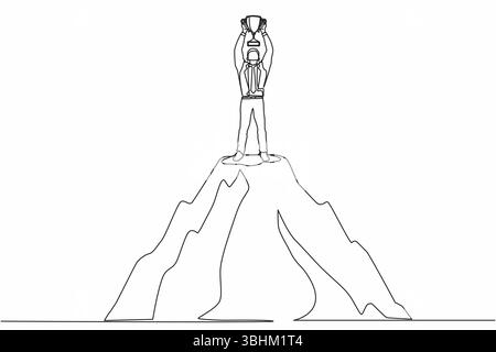 Eine durchgehende Linie zeichnet einen glücklichen Geschäftsmann mit Trophäe auf dem Gipfel des hohen Berges. Erfolg, Ziel, Leistung und Challenge-Konzept. Eins Stock Vektor