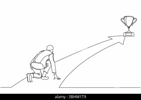 Durchgängige einzeilige Zeichnung Geschäftsmann Machen Sie sich bereit, das Ziel des Geschäfts in der Ausgangsposition zu beginnen, bereit für den Sprint. Trophäe erreichen. Unternehmen Stock Vektor