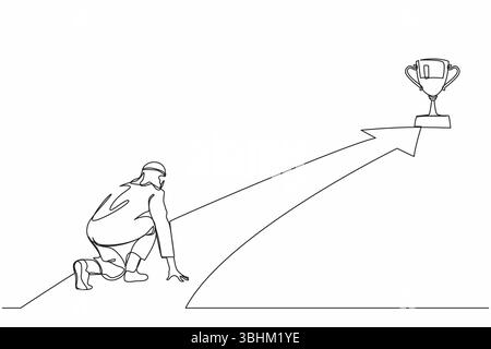 Eine einzige Linie zeichnet arabischer Geschäftsmann Machen Sie sich bereit, in der Startposition zum Sprintlauf zu beginnen. Trophäe erreichen. Busin Stock Vektor