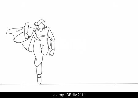 Eine einzige Zeilenzeichnung, die als Business-Held gilt. Arabische Geschäftsfrau in cape Superhelden-Aktionen laufen. Professionelle, leistungsstarke Superhelden. Erfolgreich Stock Vektor