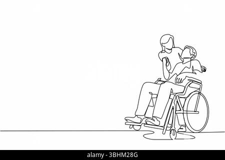 Eine einzeilige Ehefrau mit behindertem Ehemann, der auf Rollstuhl sitzt. Ein Paar, das sich mit Liebe ansieht. Frau, die Hände der Behinderung hält Stock Vektor