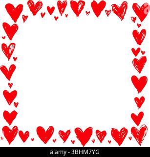 Handgezeichnete rote Herzen bilden eine quadratische Umrandung auf einem sauberen weißen Hintergrund und schaffen ein romantisches und verspieltes Rahmenkonzept für Liebesmotive Stock Vektor