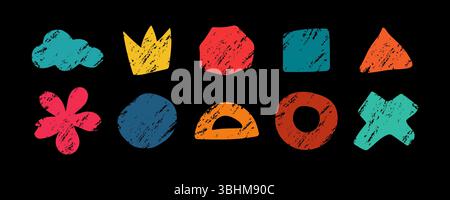 Abstrakte geometrische Formen Bleistifttextur Set, handgezeichnete Kritzeleien in kindlicher Art, grundlegende Buntstifte Formen, Vektor-Illustration Stock Vektor