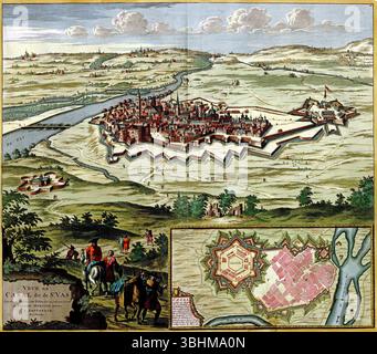 Aus der Vogelperspektive werden die mittelalterlichen Verteidigungsmauern von Casal, der Serpentinfluss und die grüne Landschaft mit aristokratischen Figuren enthüllt, die das Gelände in Red vermessen Stockfoto