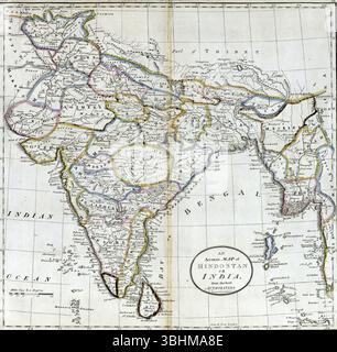 Klassische kartographische Darstellung des indischen Subkontinents, die regionale Landschaften, topographische Details und prominente städtische Zentren mit His darstellt Stockfoto