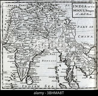 Klassische kartographische Darstellung des indischen Subkontinents mit regionaler Geographie, Wasserstraßen und Siedlungen des berühmten Kartographen Herman Moll. Stockfoto