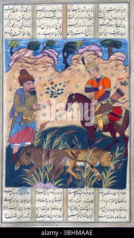 SEATTLE, 12. OKT 2024: Bahram-Gur und ein Adliger jagen Löwen in einem erleuchteten Manuskript aus shahnameh, einem persischen Epos mit komplizierten Elementen Stockfoto