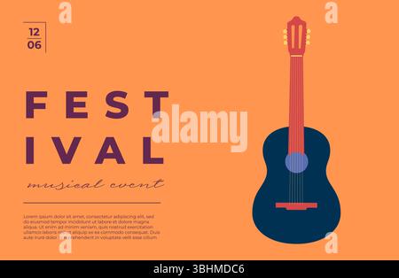 Modernes Festivalplakat mit Gitarre. Minimales flaches Vektordesign in Orangetönen. Saubere Typografie für Junina-, Akustik-, Country- und Latin-Musik-Events. Perfekt für Flyer oder Banner für Sommerpartys. Stock Vektor