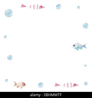 Quadratische Vorlage mit Wasserfarben mit Fisch und Blasen. Weißer Hintergrund. Der handgezeichnete nautische Rahmen mit Platz für Text eignet sich perfekt für Einladungen, Kinderkunstwerke oder Projekte mit Meeresmotiven. Stockfoto