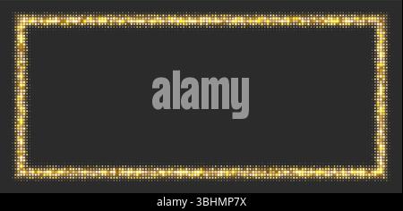 Goldener Halbtonrahmen, leuchtender rechteckiger Rand, Muster mit Punkten, radiales Disco-Luxury-Designelement. Stock Vektor