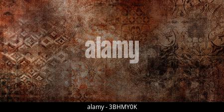 Alte und Distress Brown Textur mit verzierten Details. Leinwand Textur Hintergrund mit islamischem Muster. Die Muster auf Vintage Boden . Altes graues Braun Stockfoto
