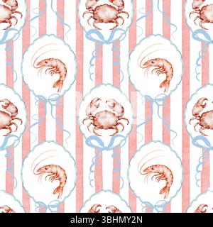 Nahtloses Krabben- und Garnelenmuster mit Schleife Stockfoto