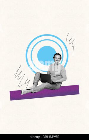Kreative Bannercollage von reifem Mann Sit Verwenden Sie Netbook, das auf pastellfarbenen Hintergrund mit Linien arbeitet Stockfoto