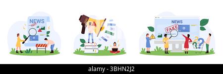 Gefälschte Nachrichten. Winzige Leute studieren mit lupenartikel in Zeitung oder Dokument, Text auf dem Computerbildschirm, warnen Warnmeldung über falsche Informationen Karikaturvektorillustration Stock Vektor