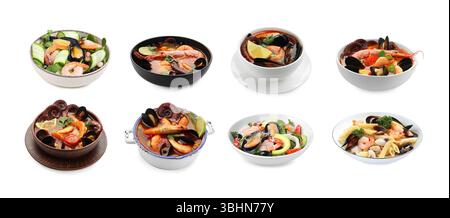 Leckere Gerichte mit Meeresfrüchten isoliert auf weiß, Set Stockfoto