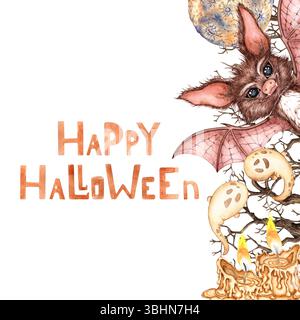 Fledermaus, trockene Zweige, Mond, Geister und Kerzen Aquarellillustration. Handgezeichnet für Halloween mit Platz für Text. Vom Hintergrund isoliert. Rahmen, te Stockfoto
