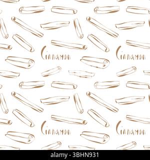 Nahtloses Zimt-Gewürzmuster mit braunen, handgezeichneten Stäben und Text auf weißem Hintergrund im Sketch-Doodle-Stil Stock Vektor
