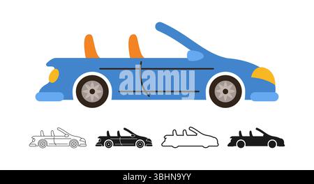 Cabriolet Symbol Zeichentrickset. Handgezeichnetes, niedliches Auto in verschiedenen Stilen, farbige Silhouette, umrissene Kinderkollektion. Einfache Kinder lustige Auto Transport Icon Vektor Illustration Stock Vektor