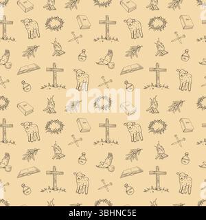 Christliche Liniensymbole Skizzenmuster, Religion handgezeichnete Kunst, biblische Symbole kritzeln, nahtlos Stock Vektor