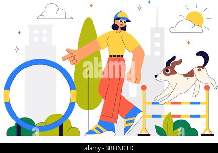Dogs Training Center auf dem Spielplatz mit dem Ausbilder, der Haustieren Tricks und verschiedene Sprungfähigkeiten in einem flachen Cartoon Hintergrund beibringt Stock Vektor