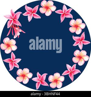Pinkfarbener Plumeria-Blumenkranz. Handgemalt in Aquarell. Ideal für Spa-Branding, tropische Reiseverpackungen, Sommerhochzeitdekor, Textildesign Stockfoto