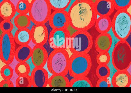 Abstrakter Hintergrund mit bunten Kreisen in der Ölmalerei. Geometrische Zusammensetzung. Rot, blau und gelb Stockfoto