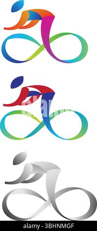Eine Sammlung von drei stilisierten Fahrradlogos mit abstrakten Radfahrern. Das obere Logo ist farbenfroh mit einem Farbverlauf, das mittlere Logo ist lebendig Stock Vektor