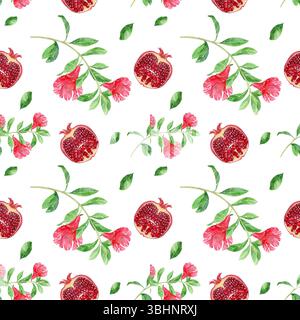 Nahtlose Granatapfelblume und Früchte Muster Aquarellillustration geeignet für Verpackung Hintergrund hochwertige Foto. Hochwertige Abbildung Stockfoto