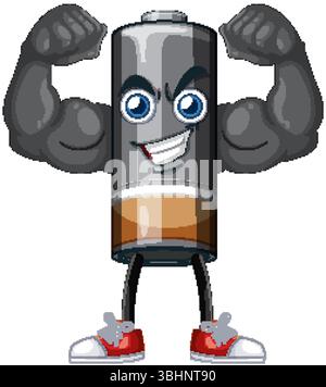Eine verspielte Vektor-Illustration einer Batterie mit muskulösen Armen und Turnschuhen, die Stärke und Energie symbolisieren Stock Vektor