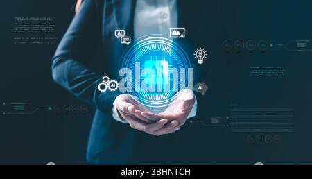 Technologiekonzept für künstliche Intelligenz mit handgehaltenen KI-Symbolen, digitale Schnittstelle, die Innovation, Automatisierung, maschinelles Lernen, Daten-PR symbolisiert Stockfoto