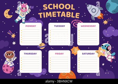 Tiere Astronauten-Zeitplan. Niedliche Fauna-Charaktere mit Raumanzügen, Schwerelosigkeit, Planeten, Zeichentrickrakete, Stern und Planeten, Schulplan, Kinder Stock Vektor