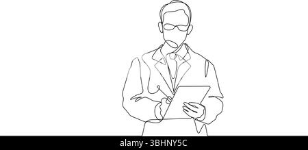 Arzt mit Augenbrille Krankenhauskleid mit digitalem Tablet eine Linie Zeichnung kontinuierliche Hand gezeichnet minimalistische Kunst Stock Vektor