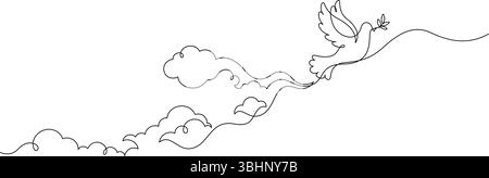 Weiße Taube mit Olivenzweig, der über den Wolkenhimmel fliegt eine Linie, die fortlaufende Konzepte des Friedenstages handgezeichnet minimalistisch zeichnet Stock Vektor