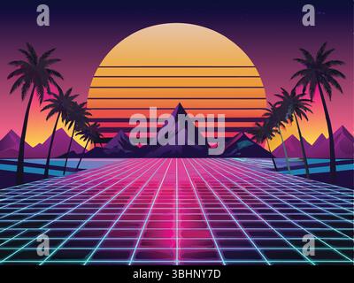 Eine Retro-futuristische Landschaft mit einem Gittervordergrund, Palmen, Bergen und einem großen Sonnenuntergang in einem lebendigen Himmel. Stock Vektor