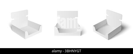 Set mit weißen Pappständern und Halterungen. Leeres Werberegal, fertig für Pakete, Arbeitsplatte für Einzelhandelsaussteller, isoliert auf weiß. 3D leere POS-POPs am Point of Sale. Stock Vektor