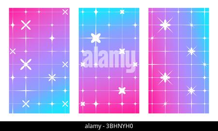 Y2K-Kollektion mit Sternmuster und Hintergründen – verlaufende Fliesen mit Glitzern in Pink, Lila und Blau. Retro-Gitterdesign mit dekorativen Glitzern und Diamanten. Nostalgisch-ästhetische Plakate Set. Stock Vektor
