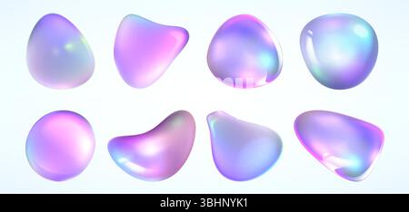 Holographische Farbverläufe – farbenfrohe abstrakte Globen in lebhaften Pastellrosa- und Lila-, Türkis- und Blautönen. Irisierende Flüssigkeitsformen. Helle dekorative Flüssigkeitselemente, glänzende Vektorblasen. Stock Vektor