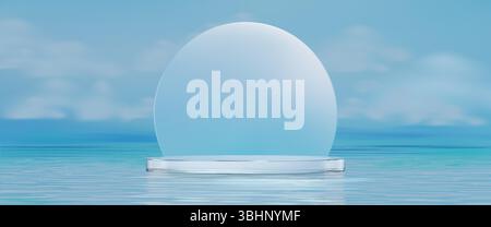 Podium aus Glas auf Wasser mit transparenter, kreisförmiger Plattform, die auf einer ruhigen blauen Oberfläche schwimmt. Kristallklare Scheibe, die Aqua-Umgebung reflektiert. Minimalistische Produktpräsentation für kosmetische Präsentationen. Stock Vektor