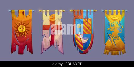 Zerrissene mittelalterliche Spielbanner hängen an goldenen und silbernen Pfählen – abgerissenes Emblem, Kreuzdesign, Schild-Wappensymbanner. Bunte Flaggen aus geriffeltem Stoff für das Abenteuer des Castle Kingdom rpg. Stock Vektor