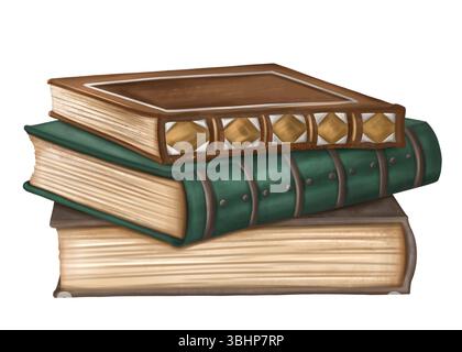 Ein Haufen alter historischer Bücher mit alten Seiten. Dekoration mit goldenem Metall im alten viktorianischen Vintage-Design. Archiv, Königliche Bibliothek, o Stockfoto