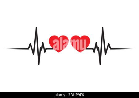 Heartbeat Love Line mit doppelten roten Herzen – romantisches EKG-Vektor-Design Stock Vektor