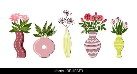 Hand gezeichnete flache Vektor-Illustration mit Satz von Vasen mit zarten rosa und roten Blumen und grünen Blättern. Stock Vektor