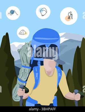 Vektor-isolierte Illustration eines Wanderers mit Rucksack in den Bergen. Camping in den Bergen. Stock Vektor